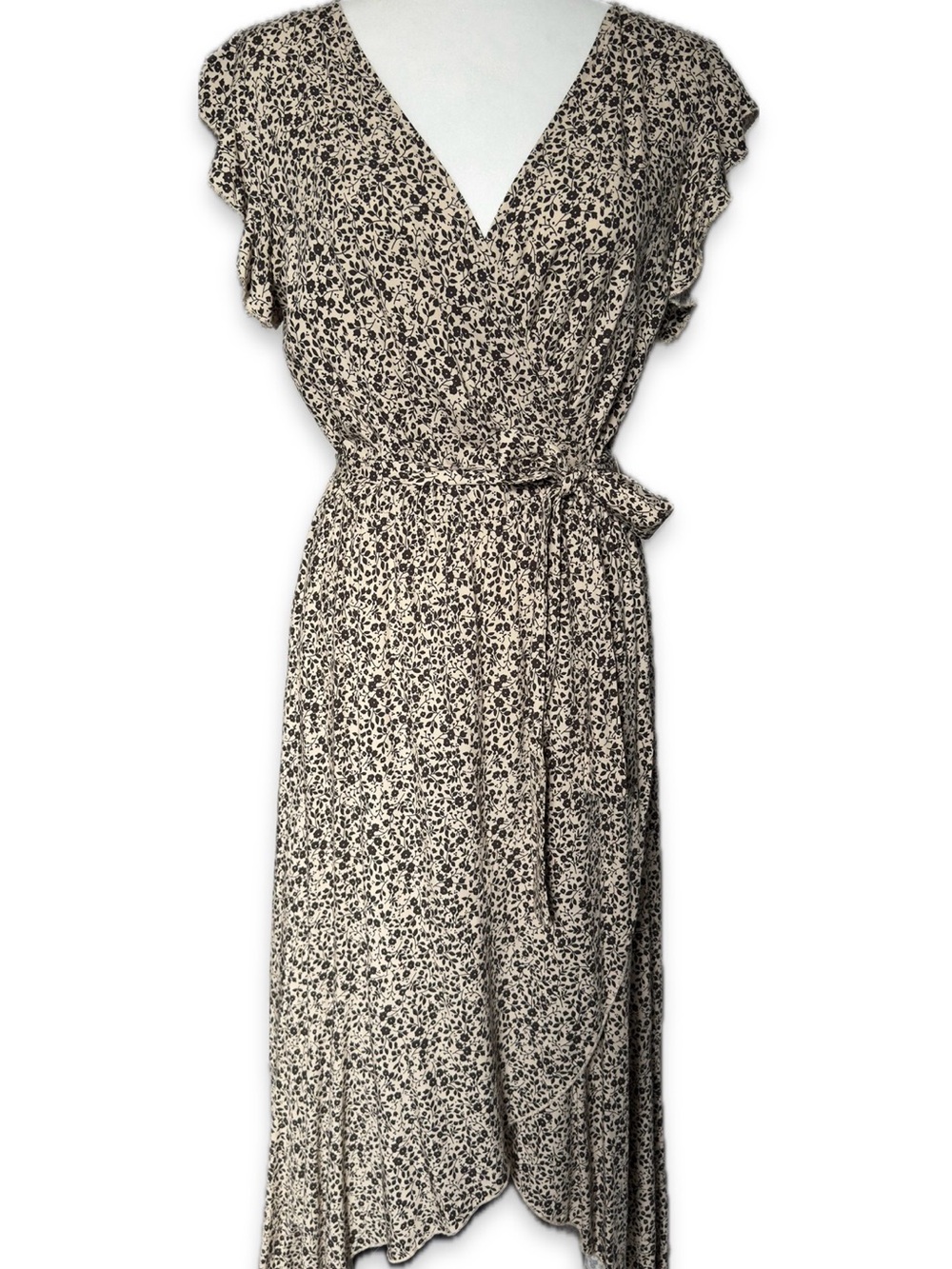 V-Neck Floral Maxi Wrap Dress in Cream and Black